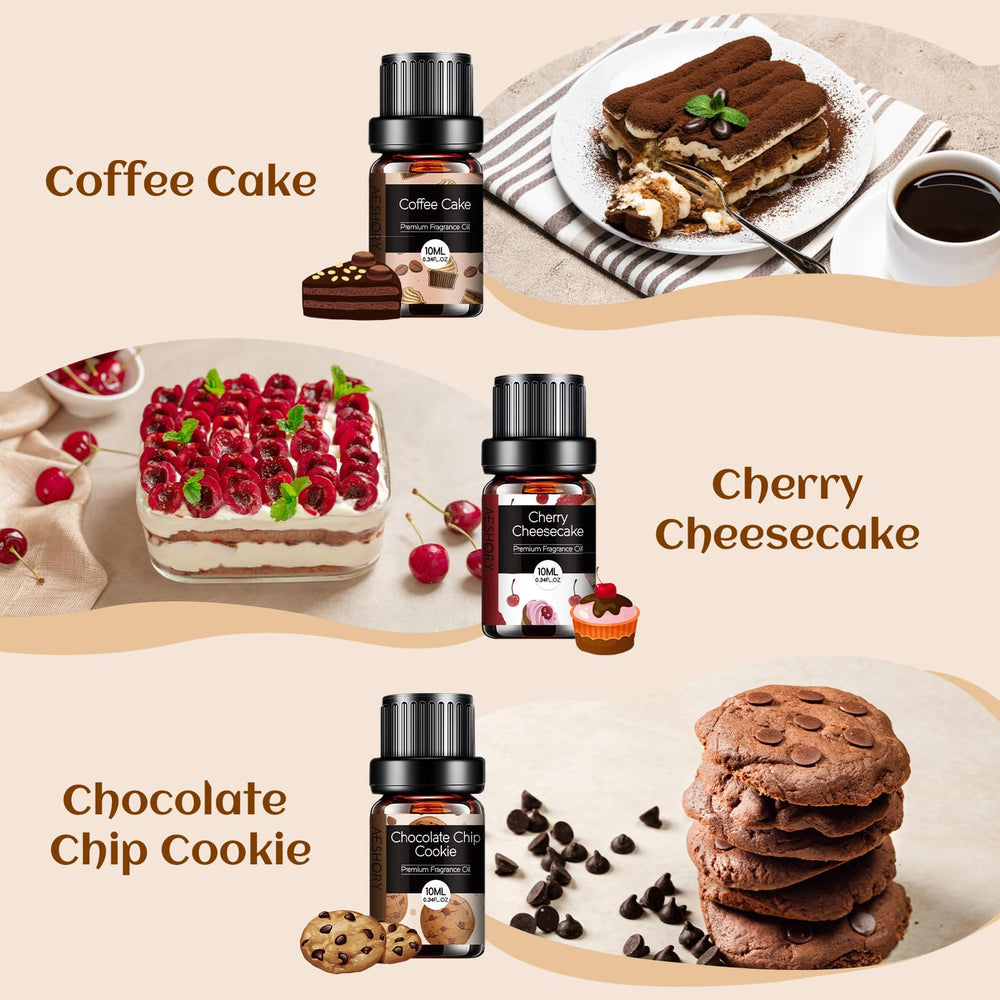 Assorted bakery fragrance oils for diffusers: Coffee Cake, Gingerbread, Cherry Cheesecake