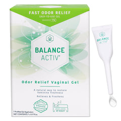 Balance Activ Odor Relief compact-pack image conveys discreet, portable care.
