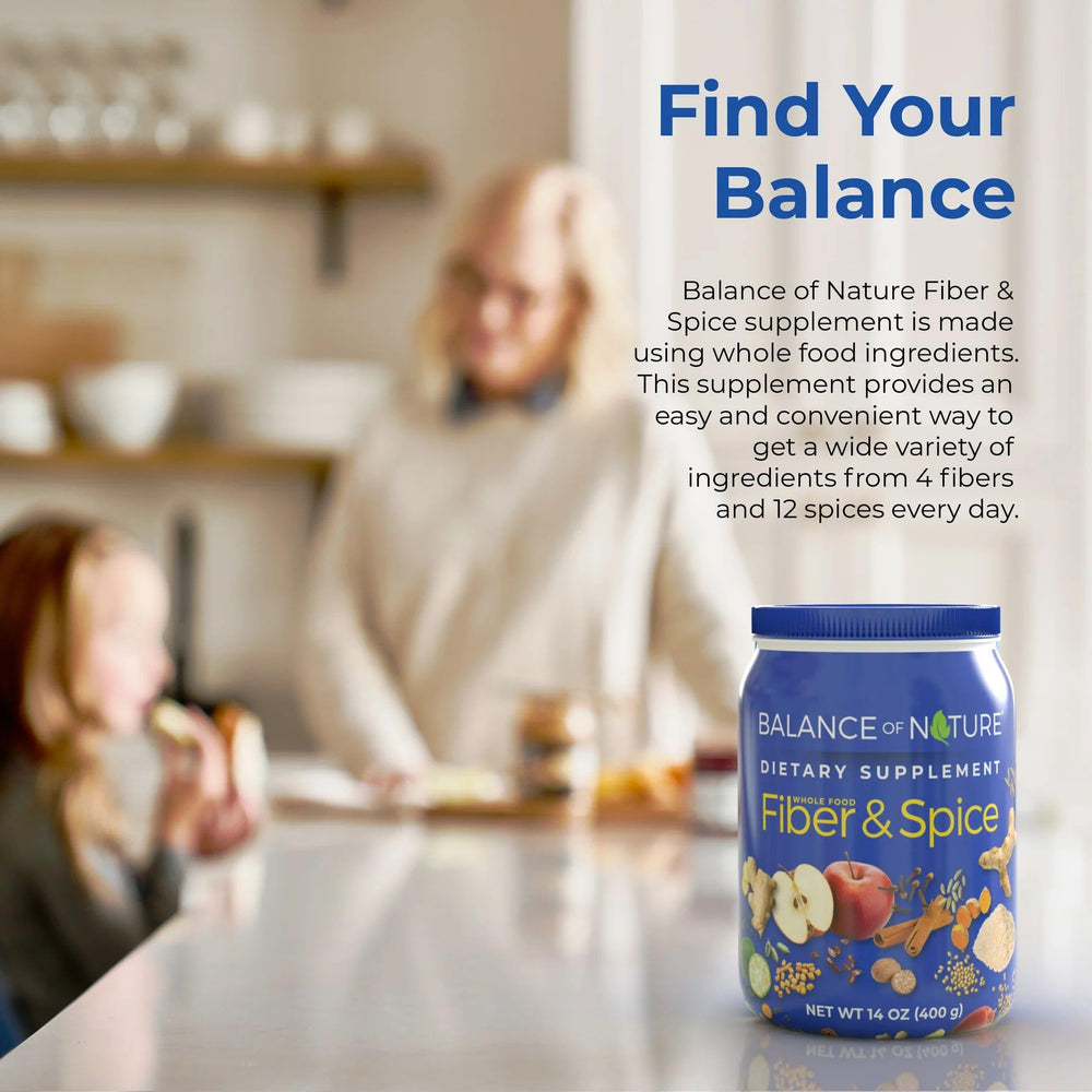 Balance of Nature Fiber & Spice glass with prepared drink showing easy daily use