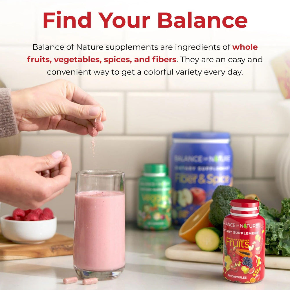Assorted fruits used in Balance of Nature Fruits supplement