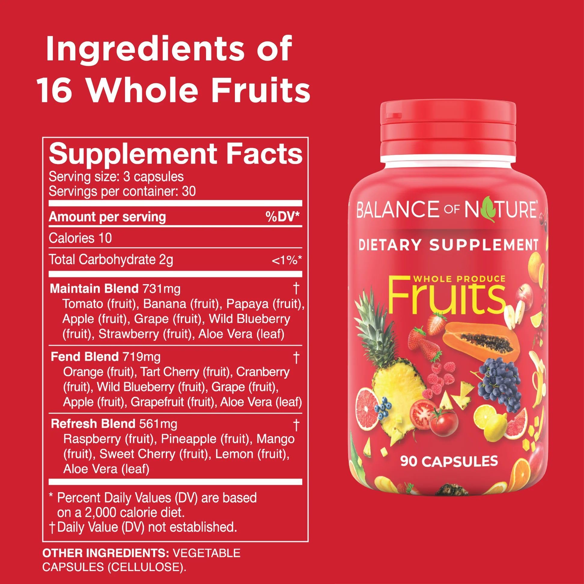Front label of Balance of Nature Fruits supplement bottle