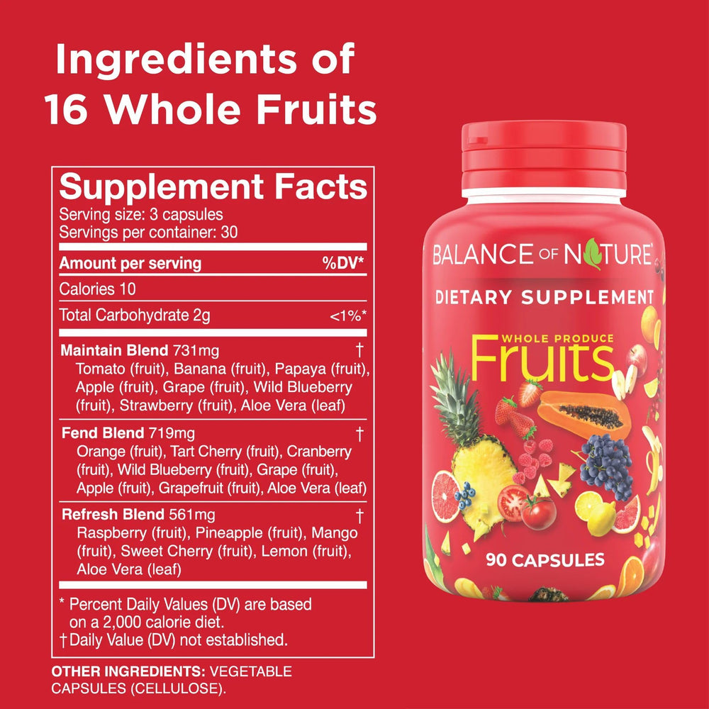Front label of Balance of Nature Fruits supplement bottle