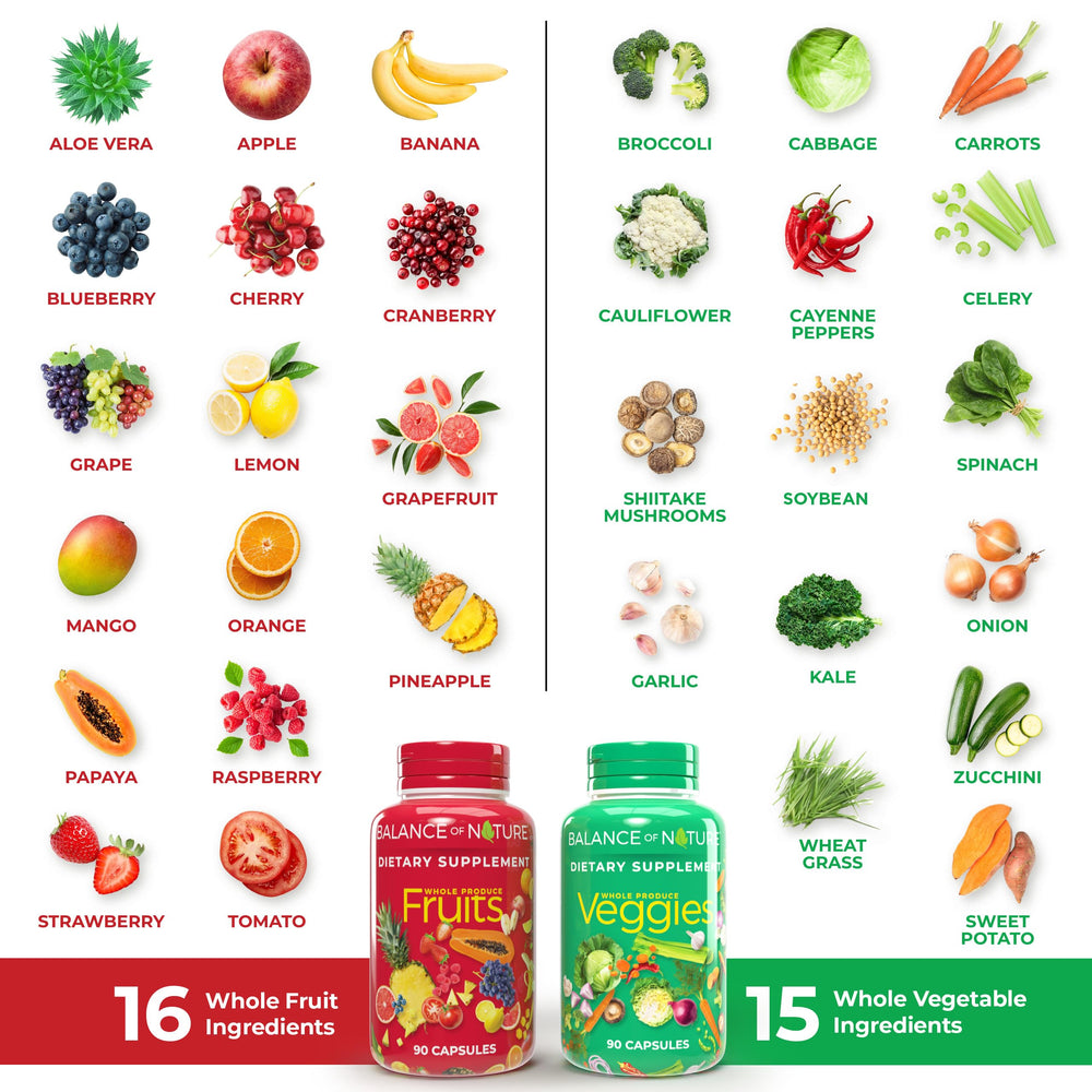 Balance of Nature Veggies bottle label highlighting gluten-free vegan formula