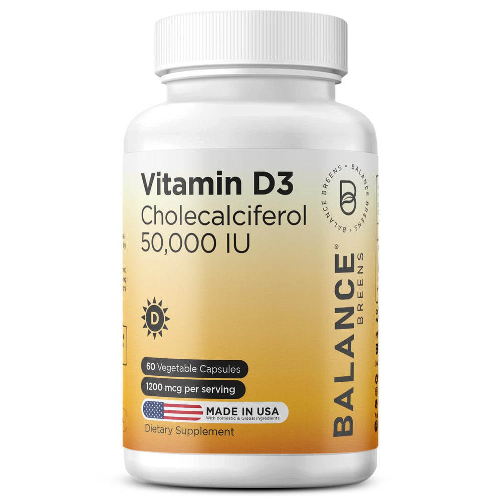 Front view of Balancebreens Vitamin D3 50,000 IU bottle with 60 veggie capsules
