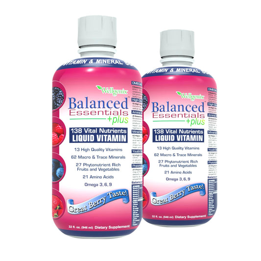 Front view of Balanced Essentials 2 Pack in Very Berry flavor, 32 oz bottles