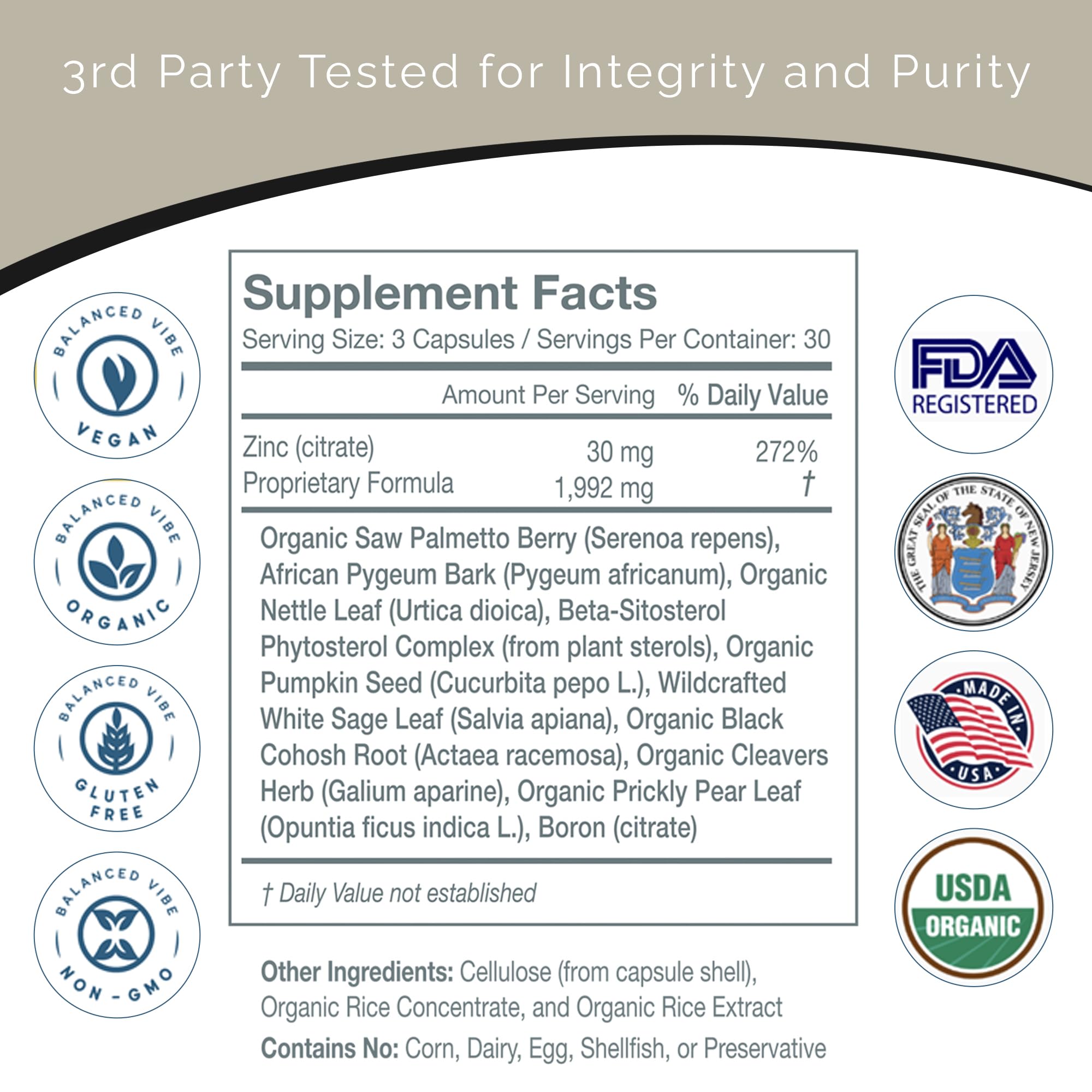 USA-made organic production facility badge for Balanced Vibe Prostate Supplement