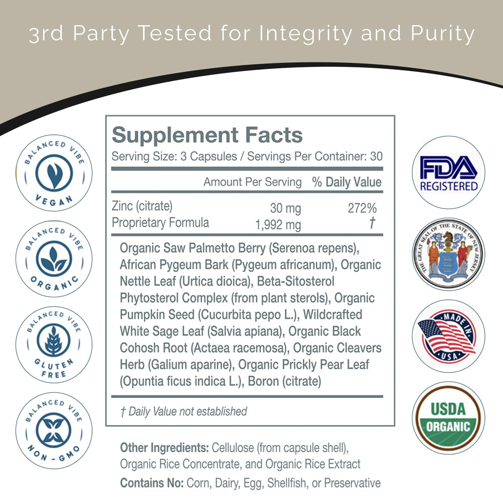 USA-made organic production facility badge for Balanced Vibe Prostate Supplement