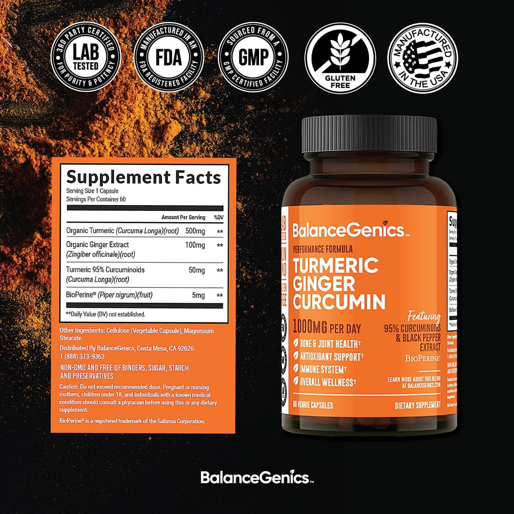 Close-up of turmeric powder and ginger root ingredients in supplement formula