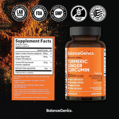 Close-up of turmeric powder and ginger root ingredients in supplement formula