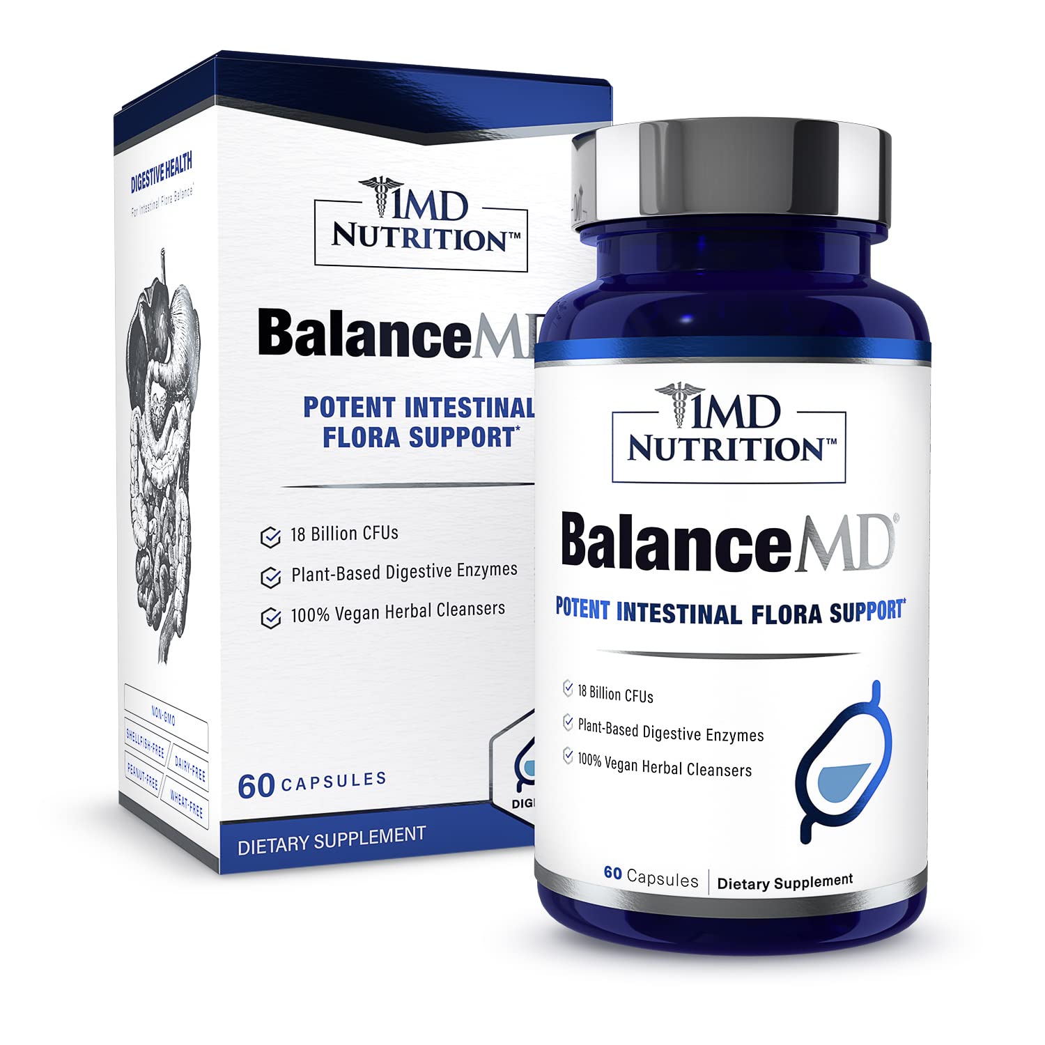 Front view of 1MD BalanceMD Vaginal Probiotics bottle, 60 capsules