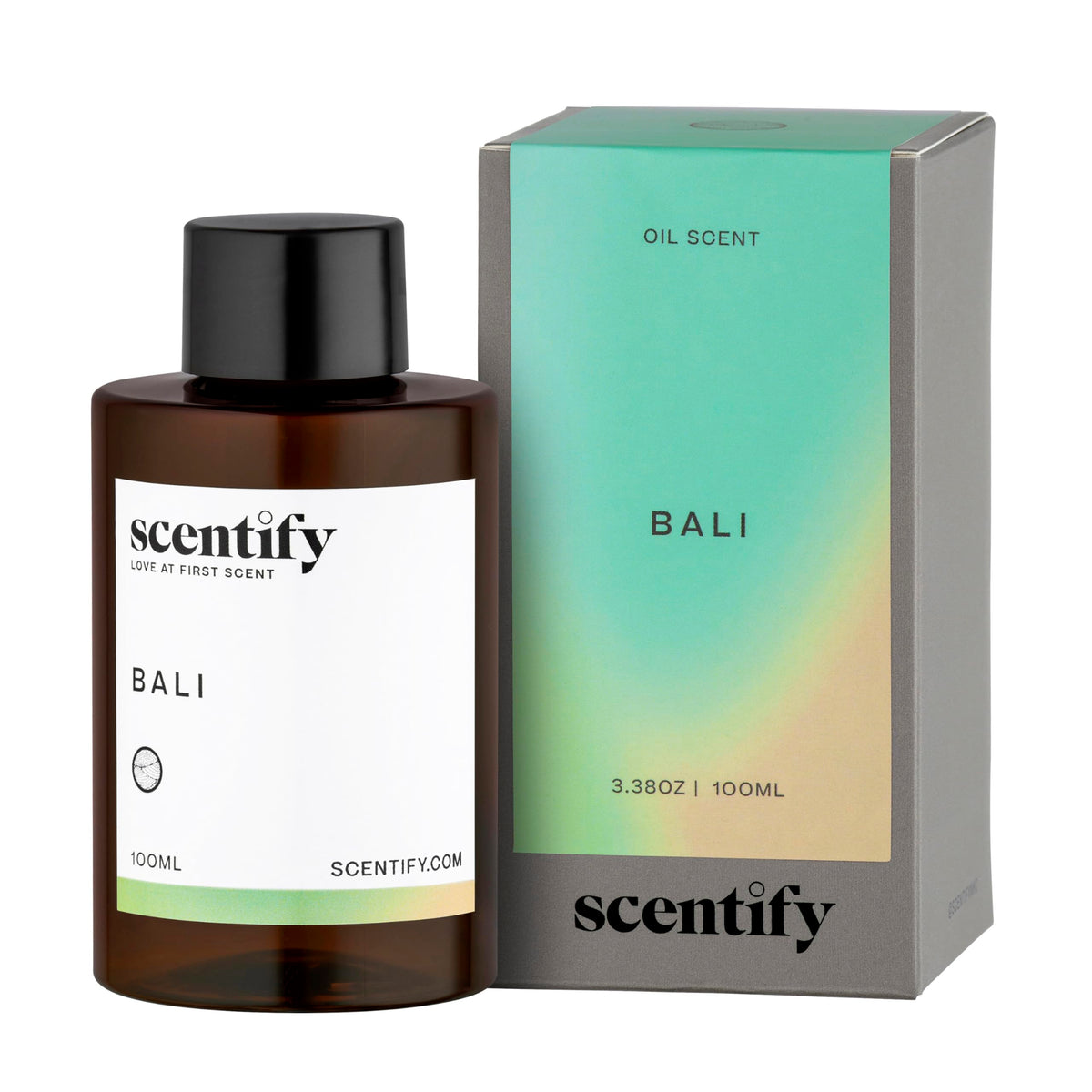 Bali aroma oil refill for diffusers featuring lemon, green, amber and woody notes in a 100ml bottle.