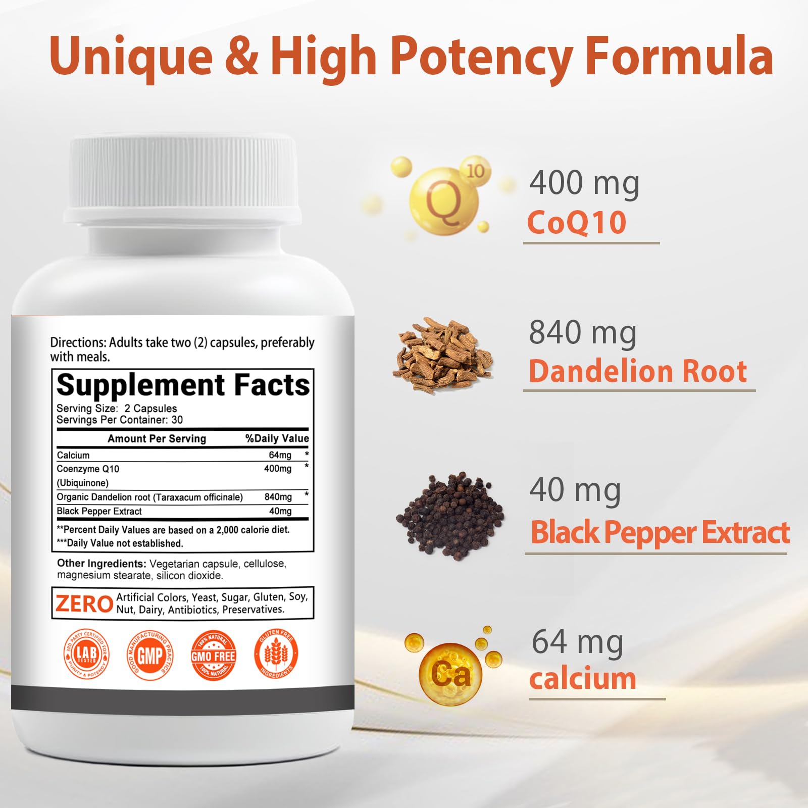 Organic dandelion root and black pepper ingredients