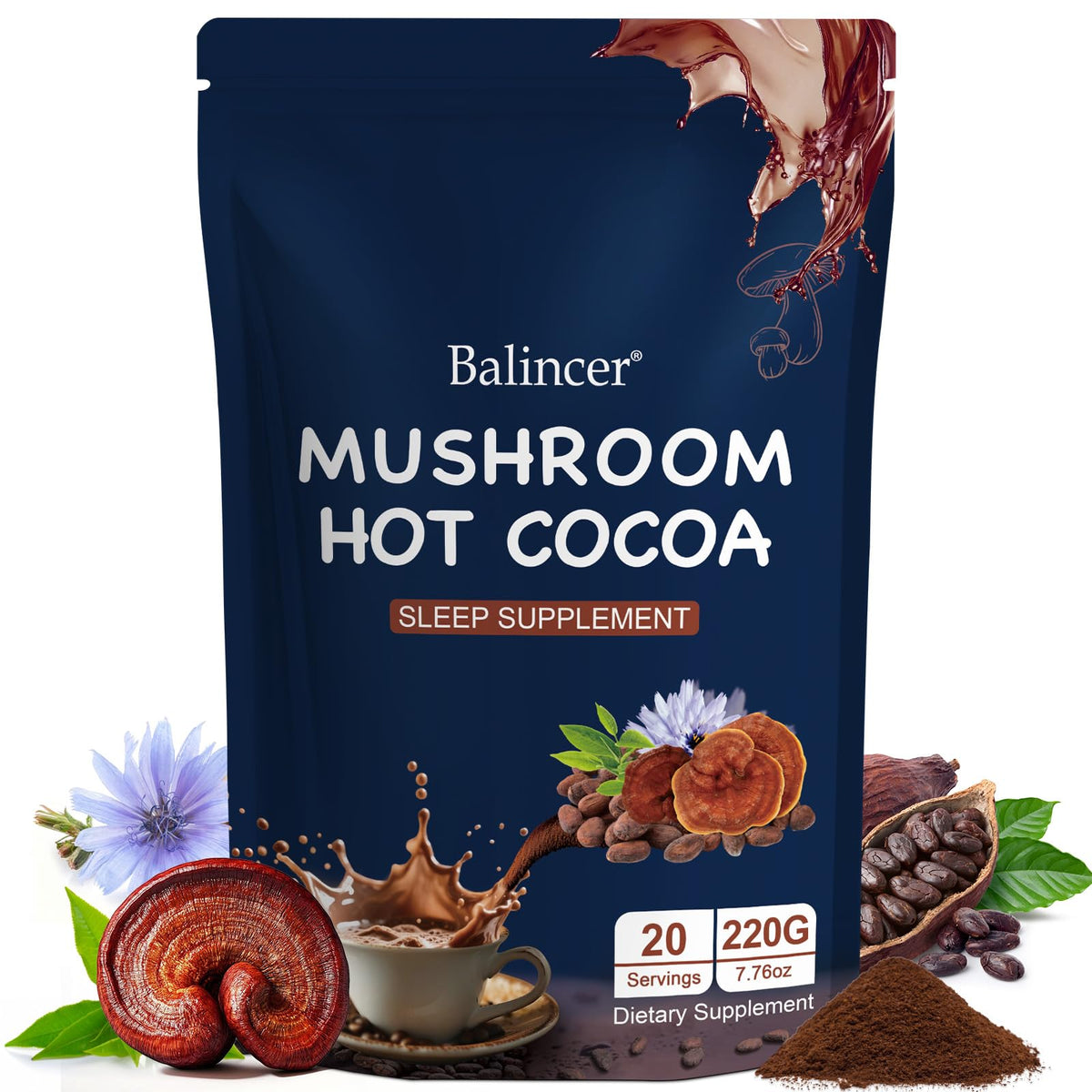 Balincer Mushroom Hot Cocoa Powder canister on white background