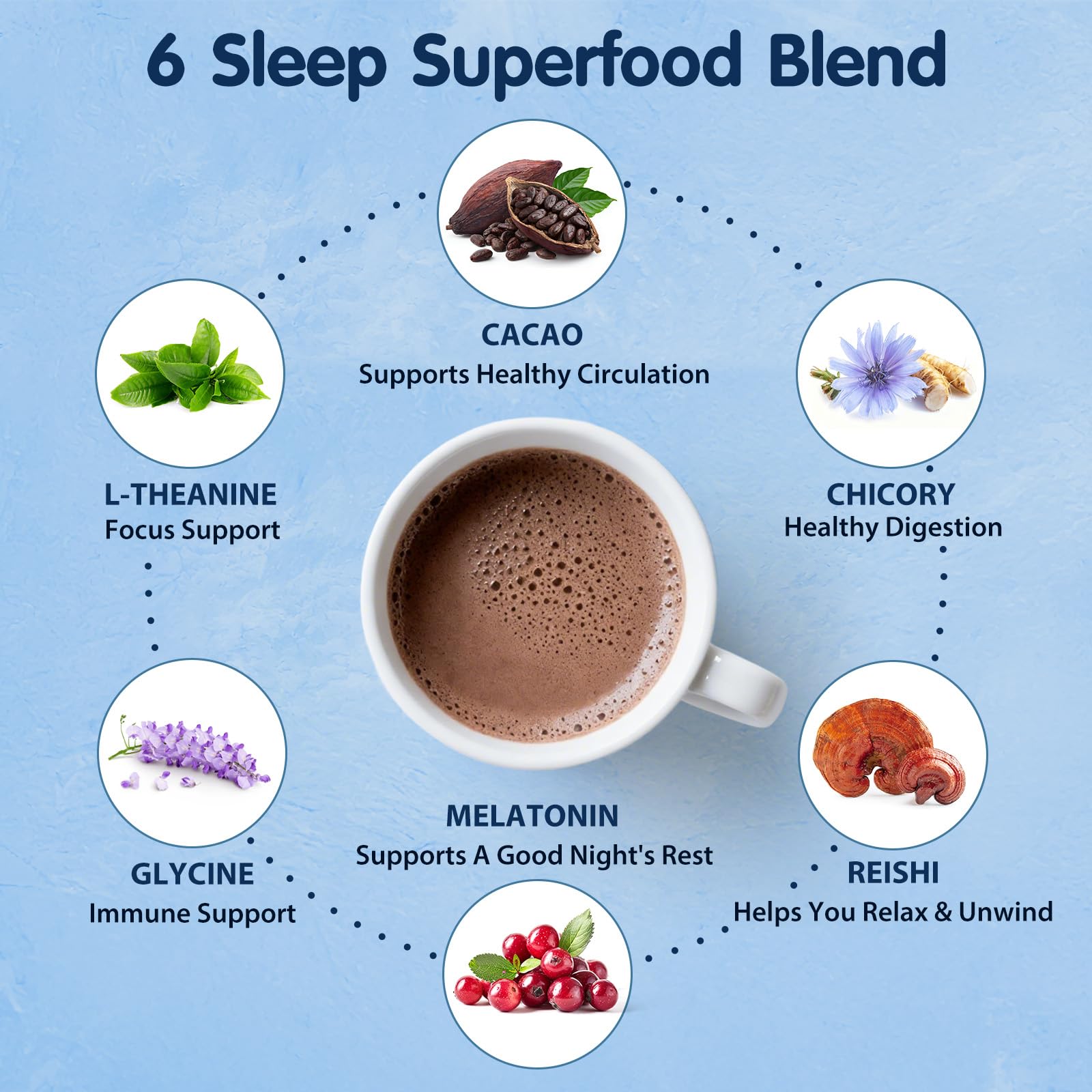 Front packaging of Balincer Mushroom Hot Cocoa highlighting vegan and 0 caffeine