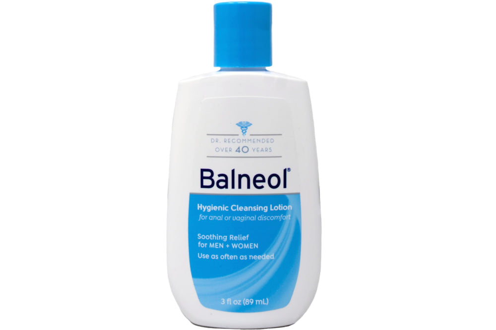 Balneol hygienic cleansing lotion bottle demonstrates gentle cleansing for sensitive areas.