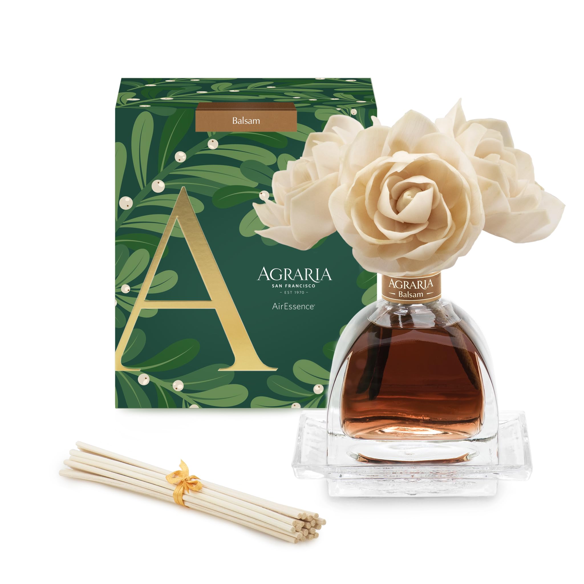 Balsam Holiday AirEssence Diffuser 7.4oz with three handcrafted sola flowers