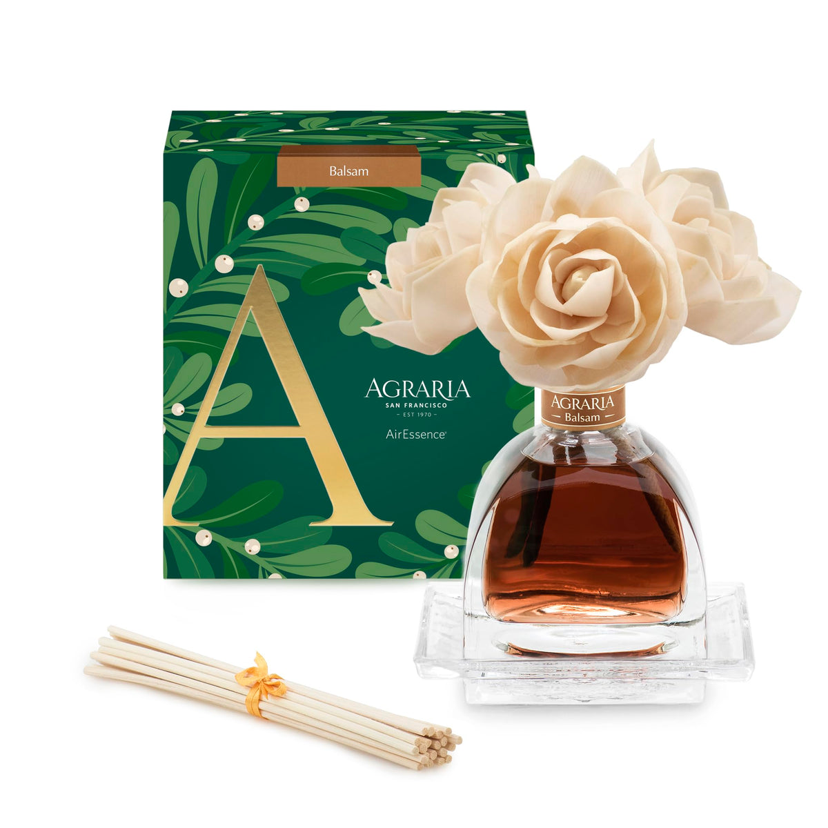 Balsam Holiday AirEssence Diffuser 7.4oz with three handcrafted sola flowers