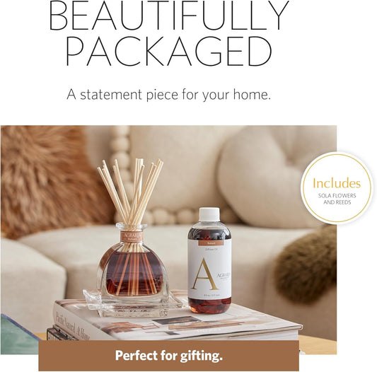 Close-up of AirEssence diffuser reeds and sola flowers in a glass bottle