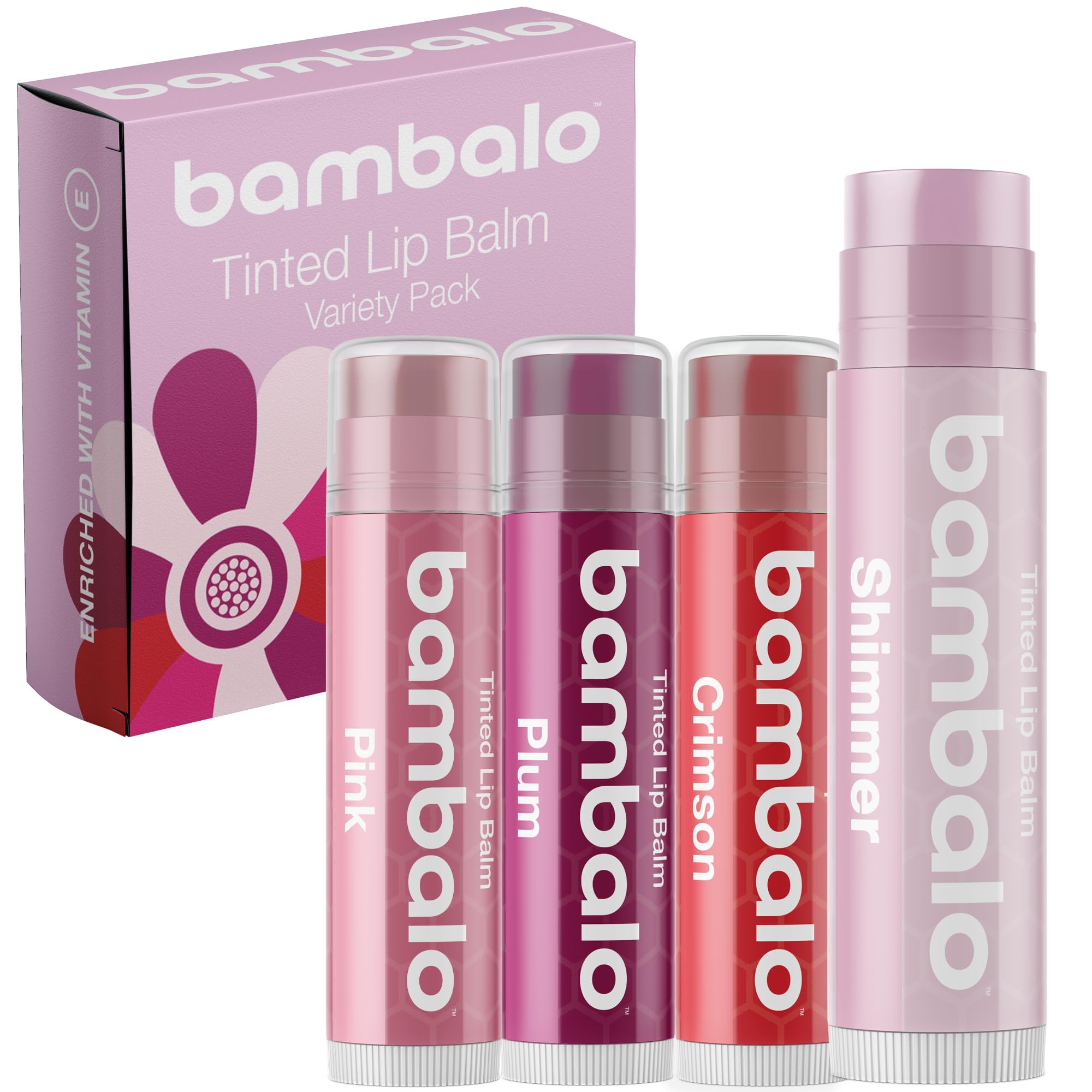 Bambalo tinted lip balm in crimson shade adds subtle color and hydration.