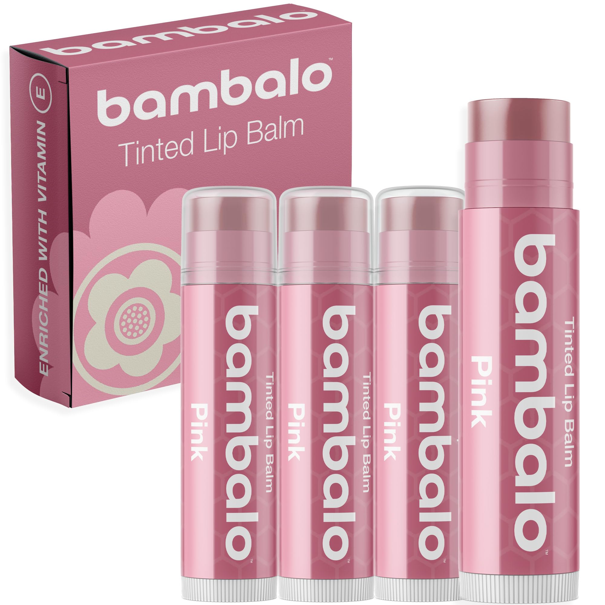 Bambalo pink tinted lip balm 4-pack packshot with soft rosy color for daily wear.