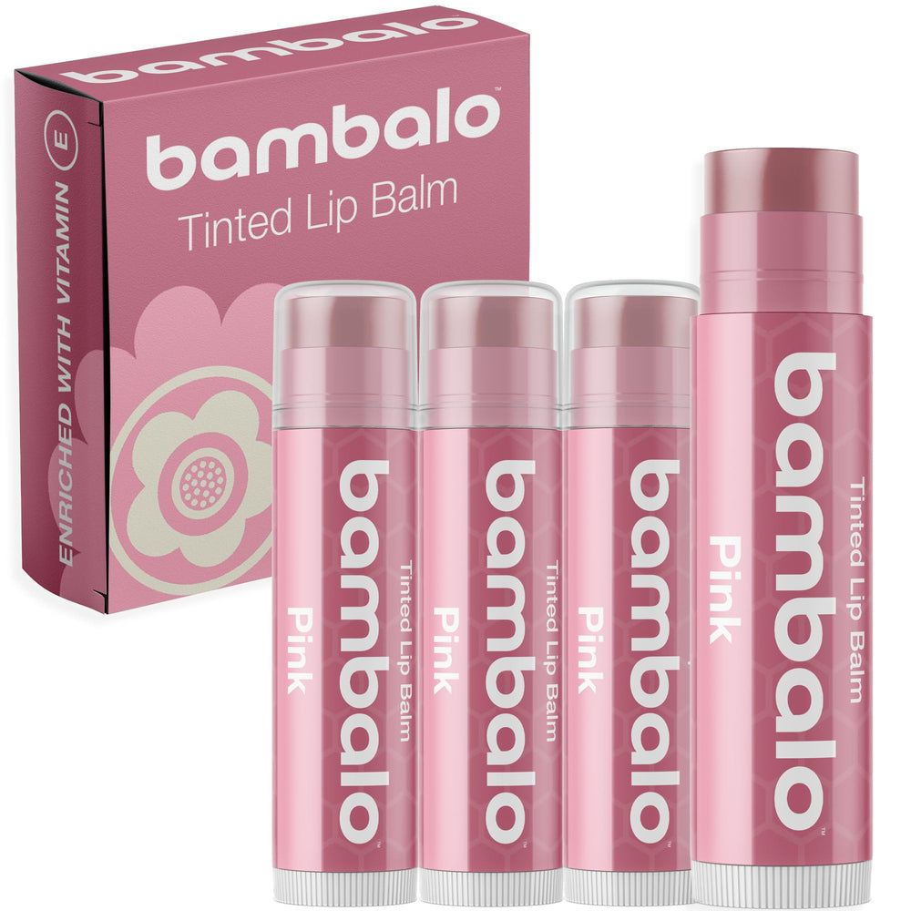 Bambalo pink tinted lip balm 4-pack packshot with soft rosy color for daily wear.