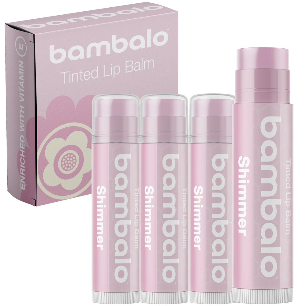 Bambalo tinted lip balm shimmer pack with subtle pearly glow.