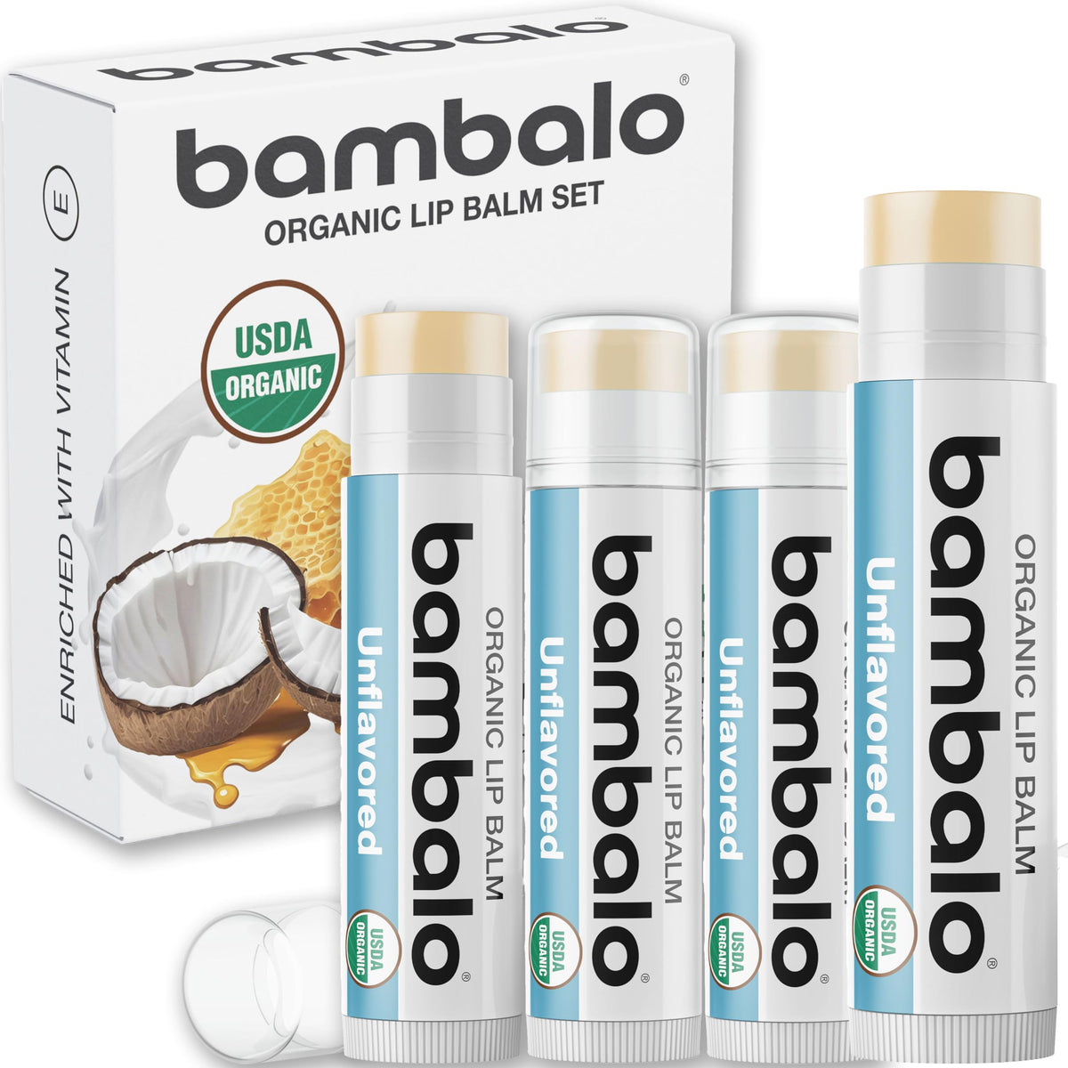 Bambalo USDA Organic Lip Balm unflavored 4-pack tubes for everyday moisture.