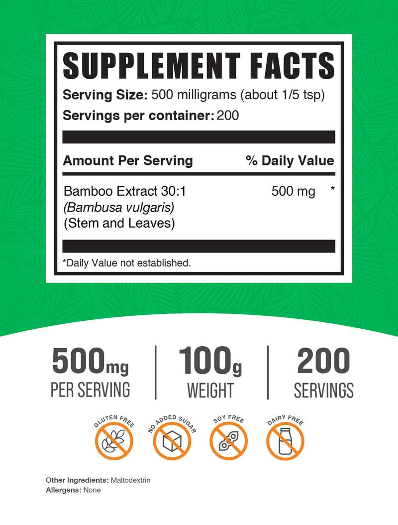 Bottle label for BulkSupplements Bamboo Extract Powder