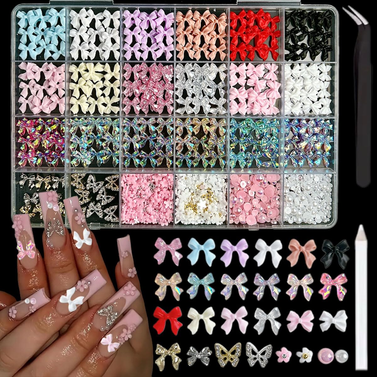 BANA ART bow charms kit with 24-compartment box for organized nail decor.