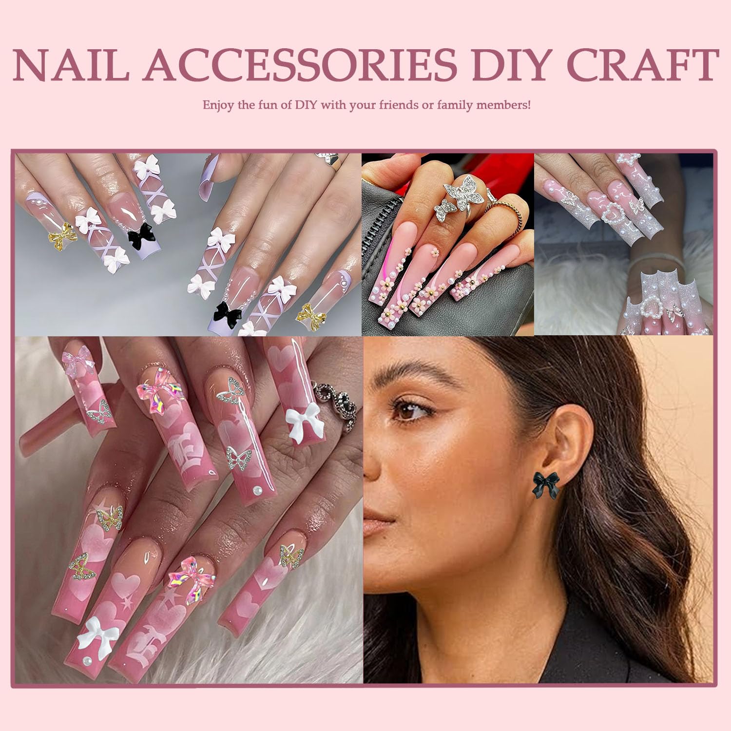 BANA ART pink and white flower charms brighten floral nail designs.