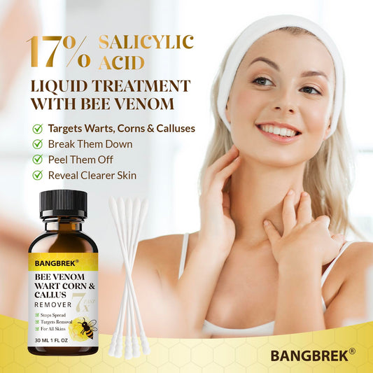 Bangbrek Bee Venom Wart Remover close-up showing 17% salicylic acid formula for targeted wart and callus treatment.