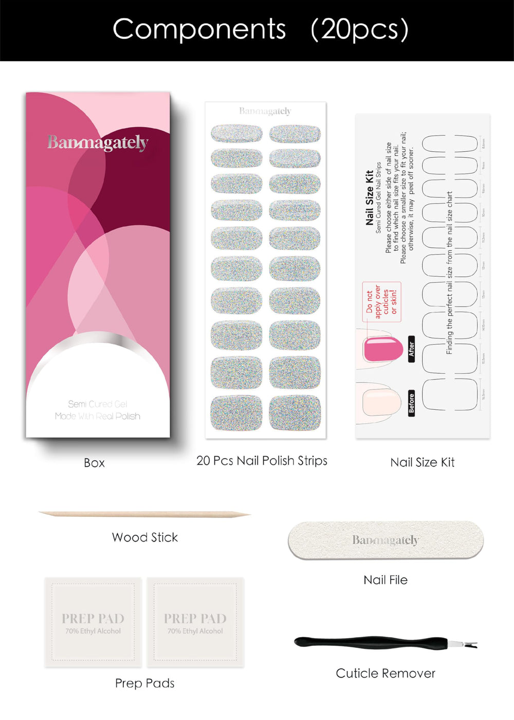 Banmagately manicure kit includes tools for clean, precise application.