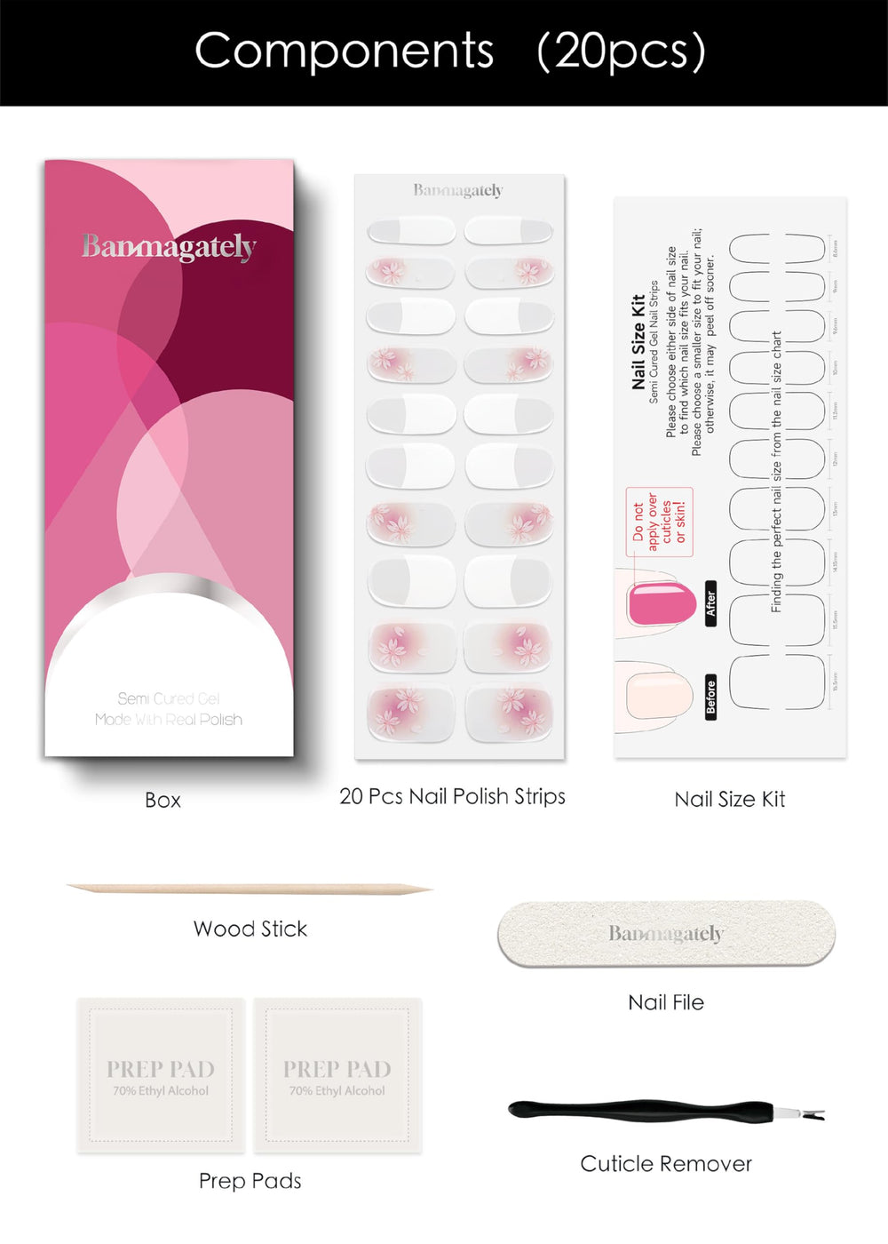 Banmagately salon-quality wraps 20-pcs with blush French petals design for chic nails