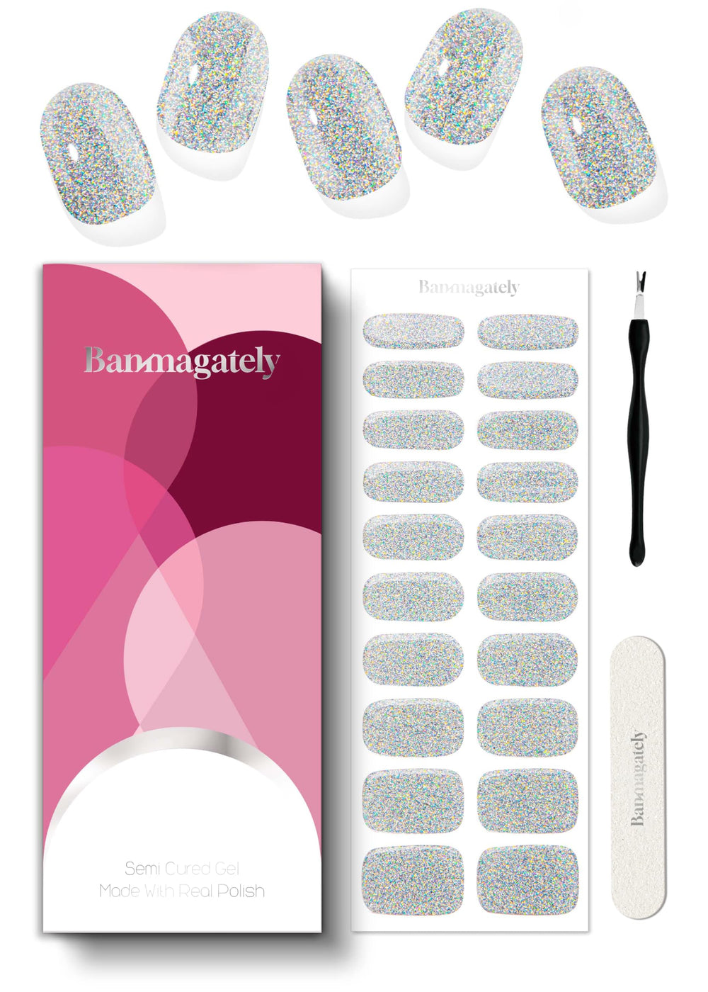Banmagately semi-cured gel nail strips in prismatic silver provide a salon-grade shine.