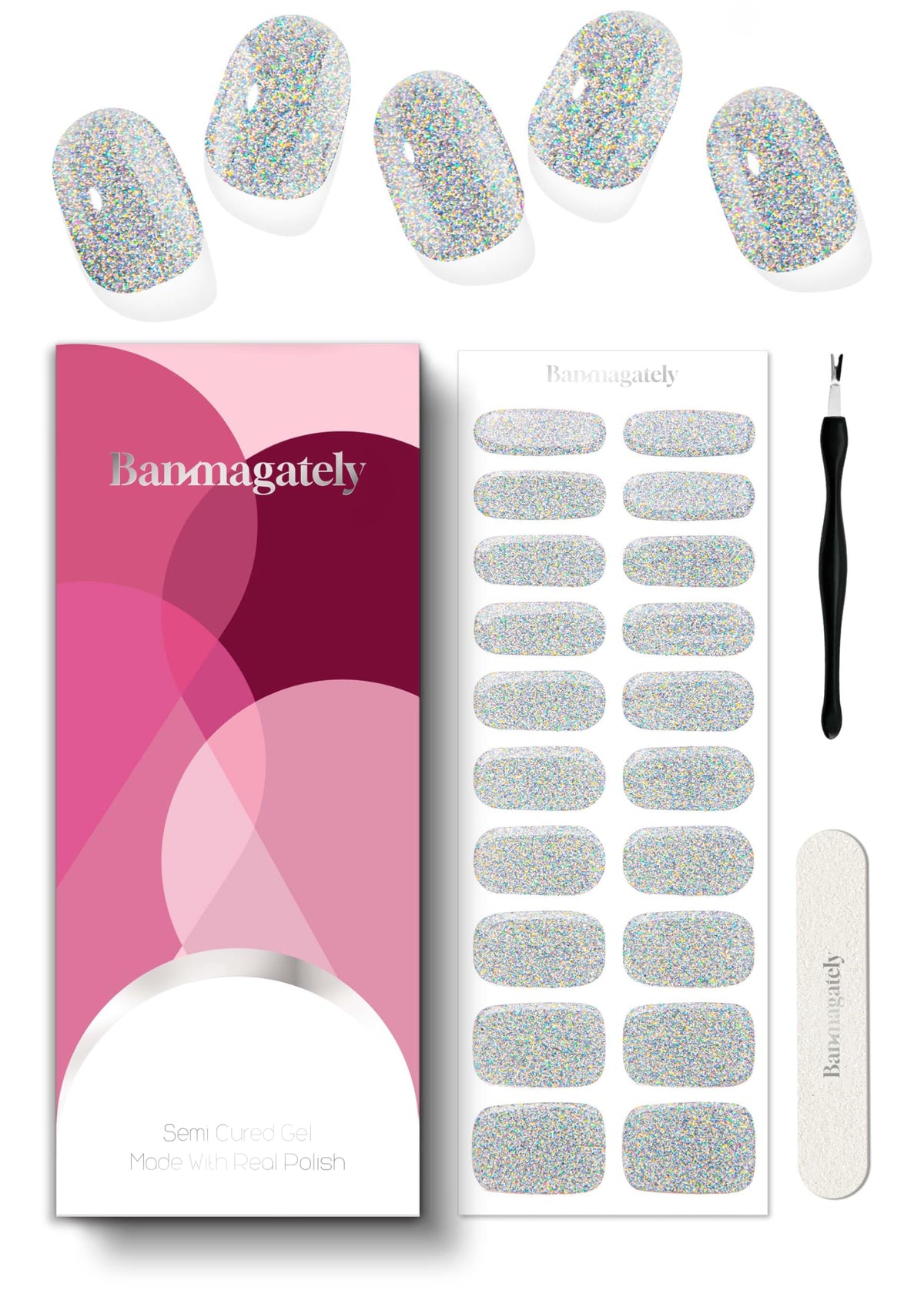 Banmagately semi-cured gel nail strips in prismatic silver provide a salon-grade shine.