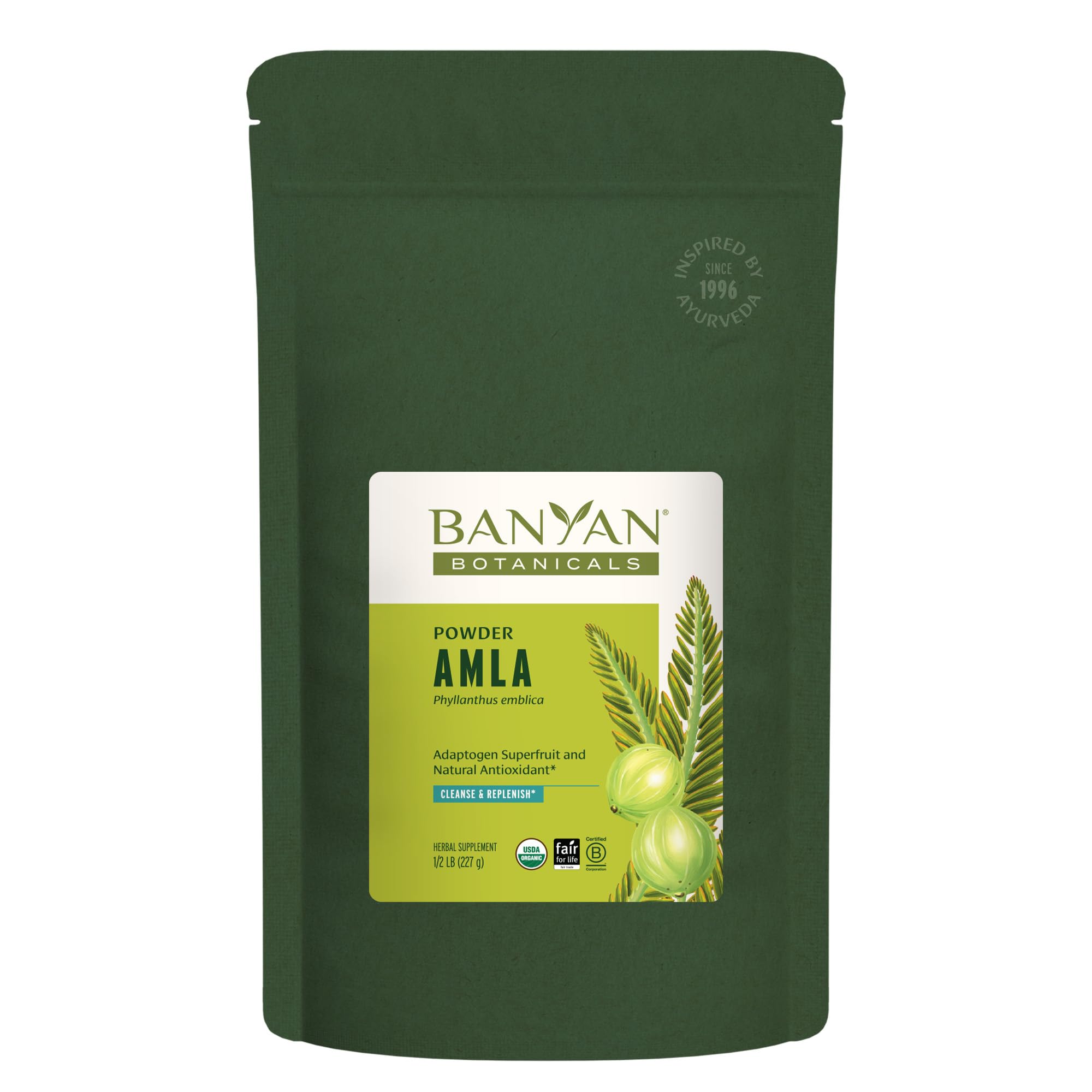 Banyan Botanicals Amla powder bottle label on white background