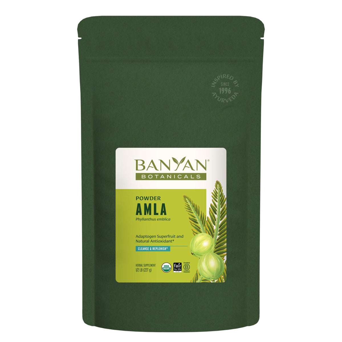 Banyan Botanicals Amla powder bottle label on white background