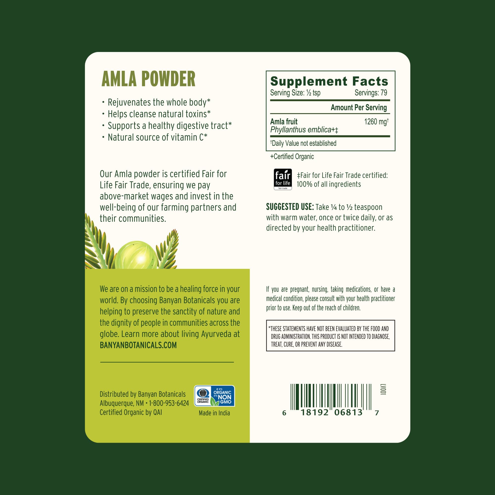 Organic certification label on Banyan Amla Powder