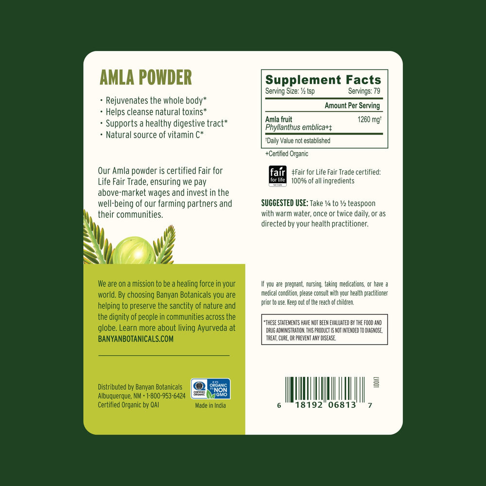 Organic certification label on Banyan Amla Powder