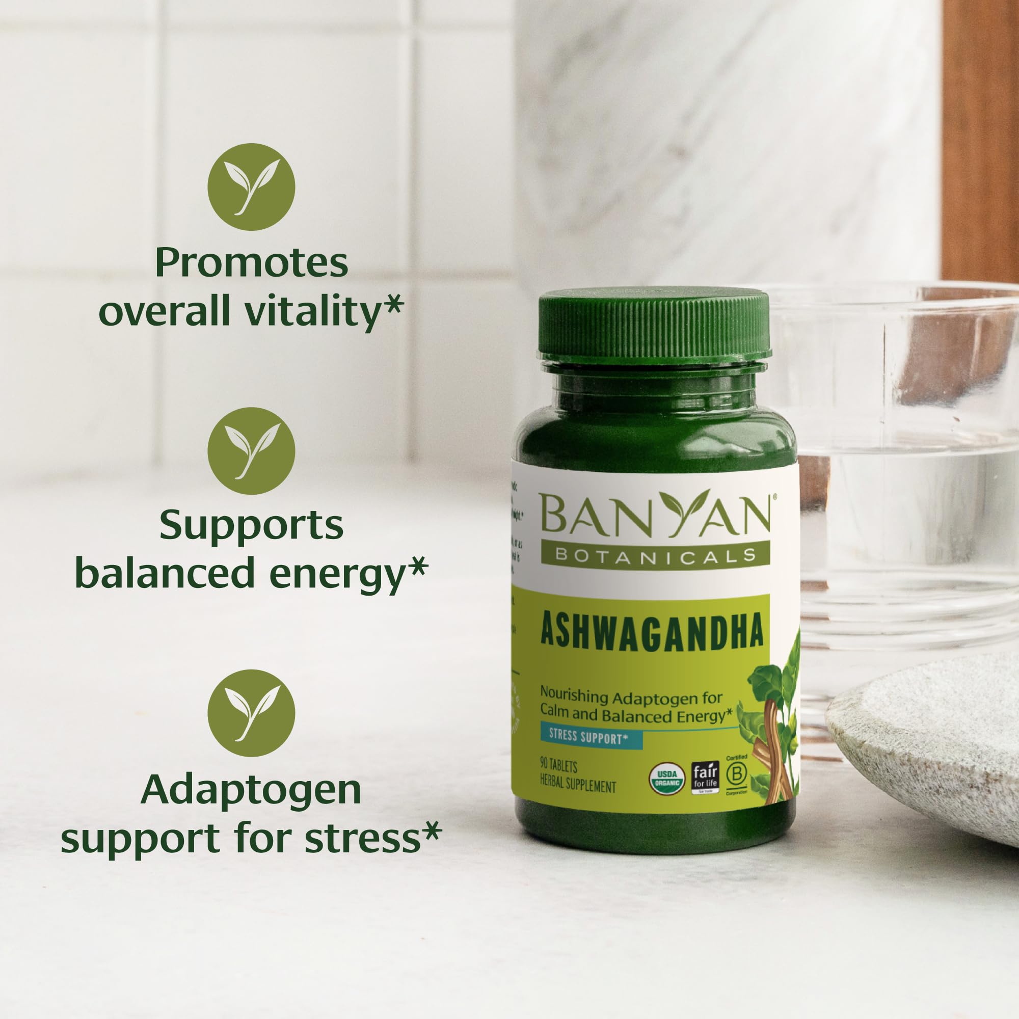 Banyan Botanicals Ashwagandha Tablets bottle with label