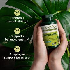 Closeup of Banyan Botanicals Ashwagandha tablets showing a compact daily-use form