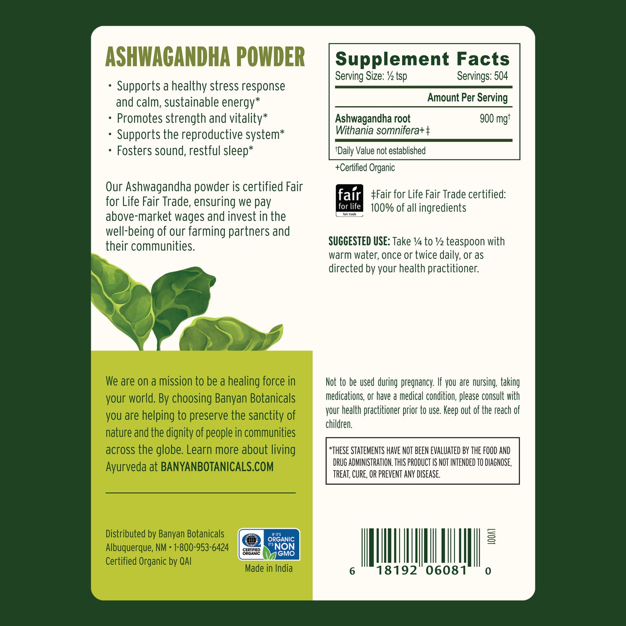 Fair Trade certifications for Banyan Botanicals Ashwagandha Powder