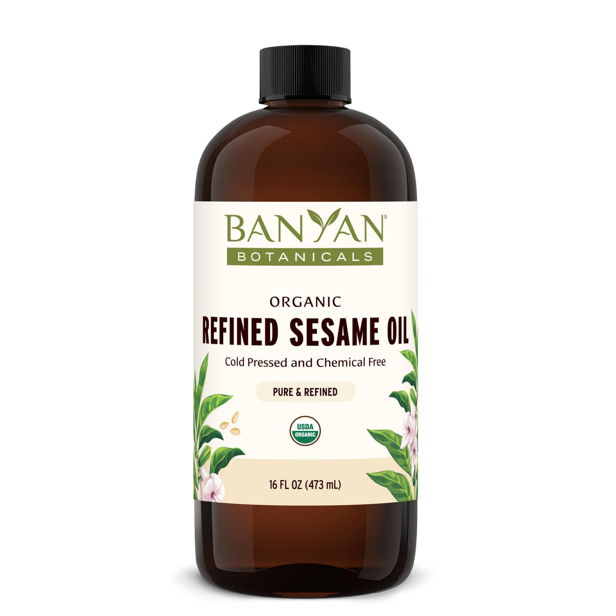 Front view of Banyan Botanicals Sesame Oil 16 oz bottle
