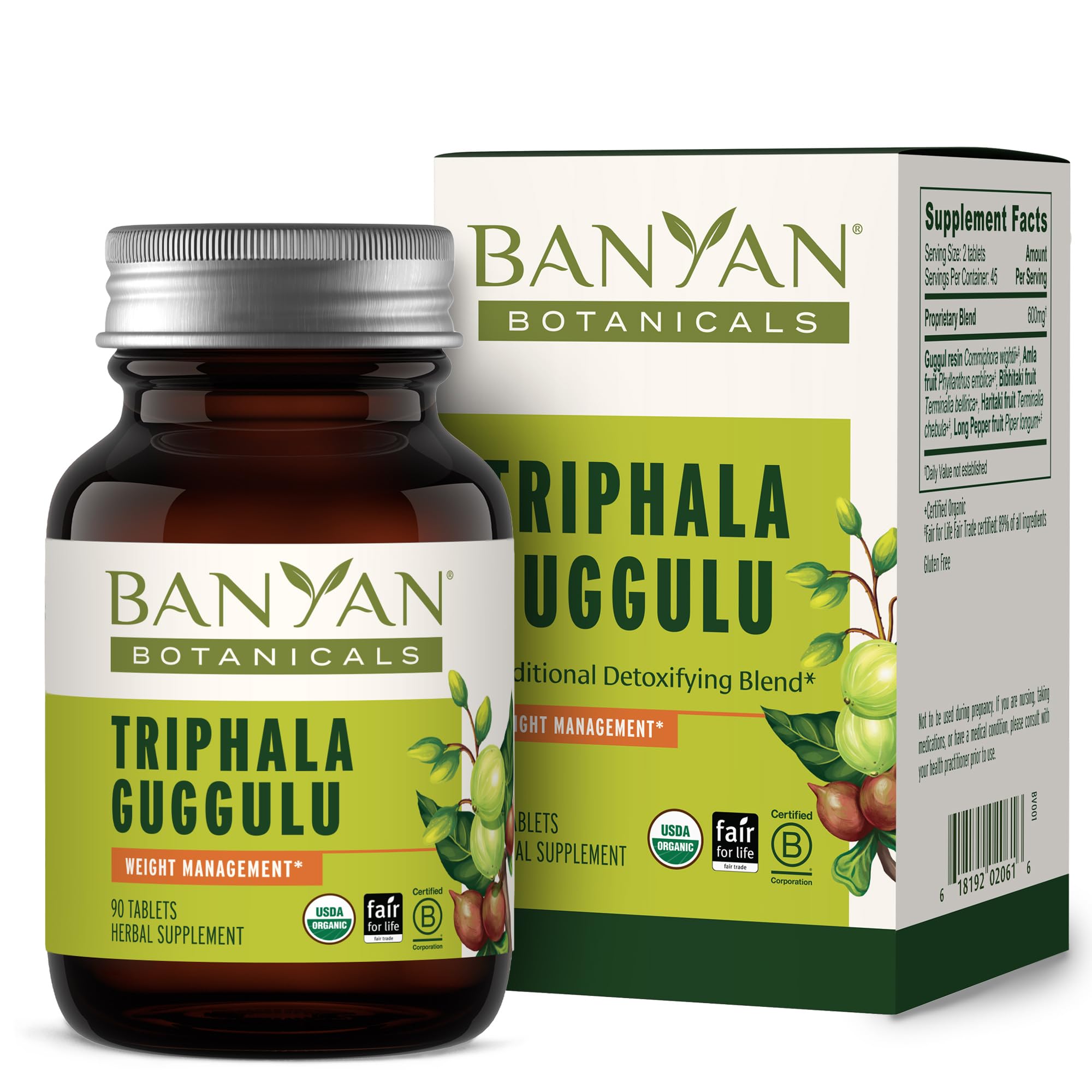 Banyan Botanicals Triphala Guggulu bottle showing plant-based digestive support.