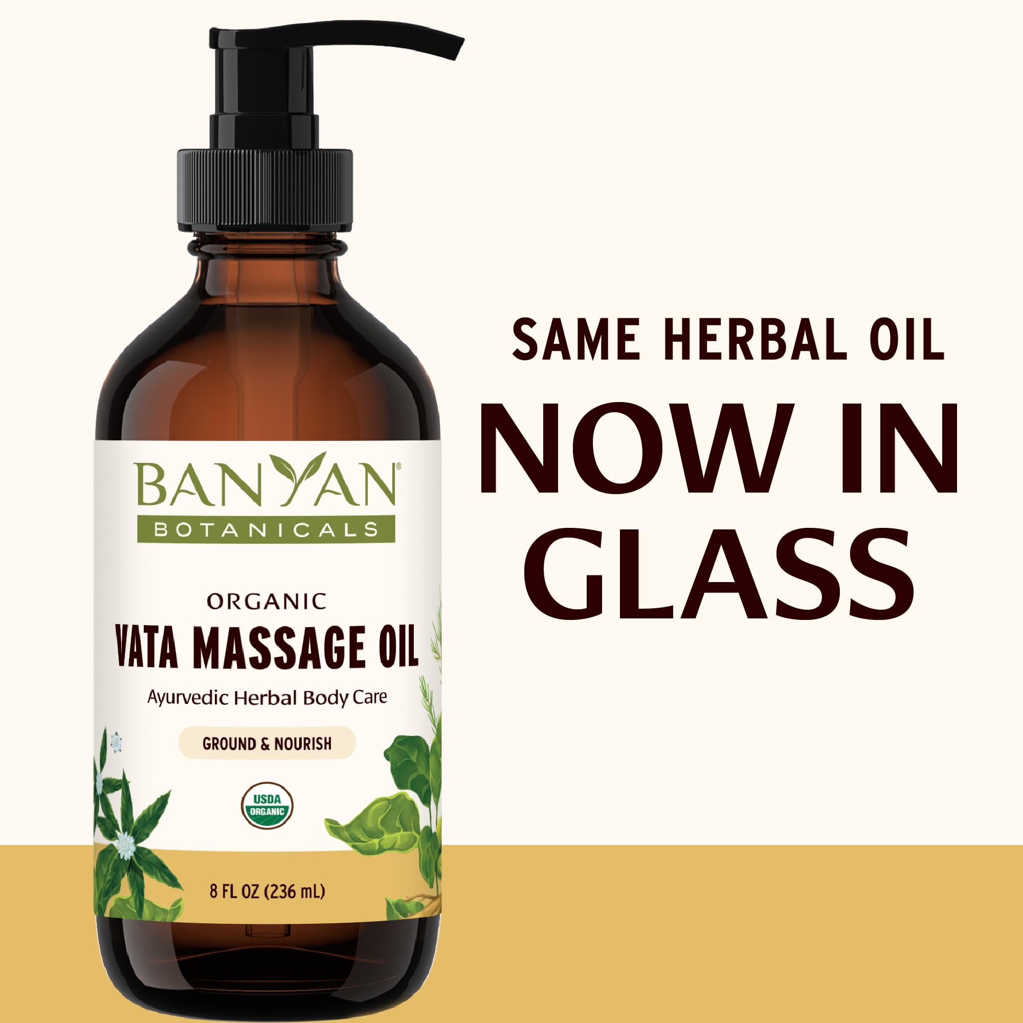 Close-up of Vata Massage Oil ingredients: ashwagandha, shatavari, passionflower