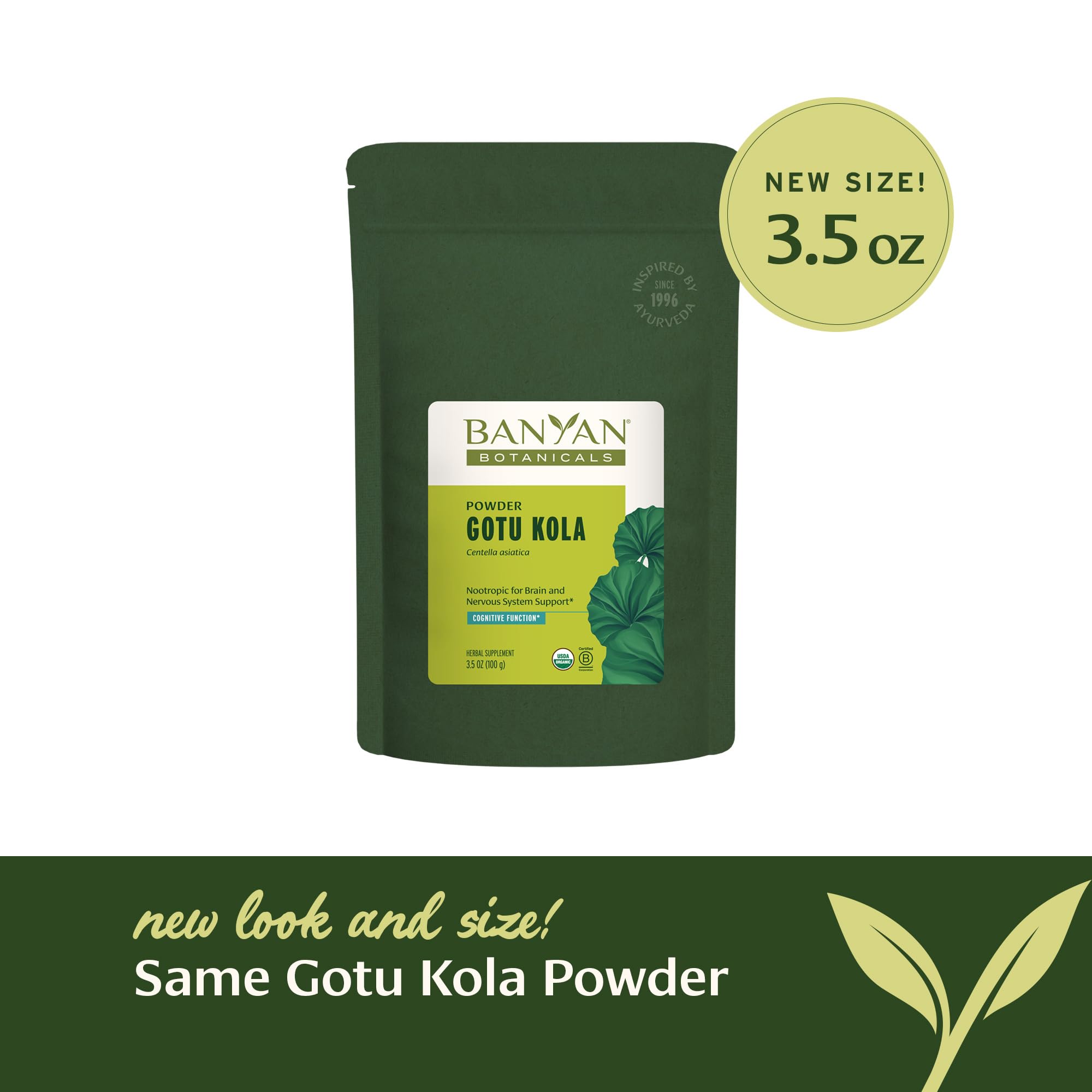 Scoop of Gotu Kola powder beside the jar