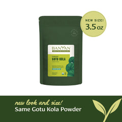 Scoop of Gotu Kola powder beside the jar