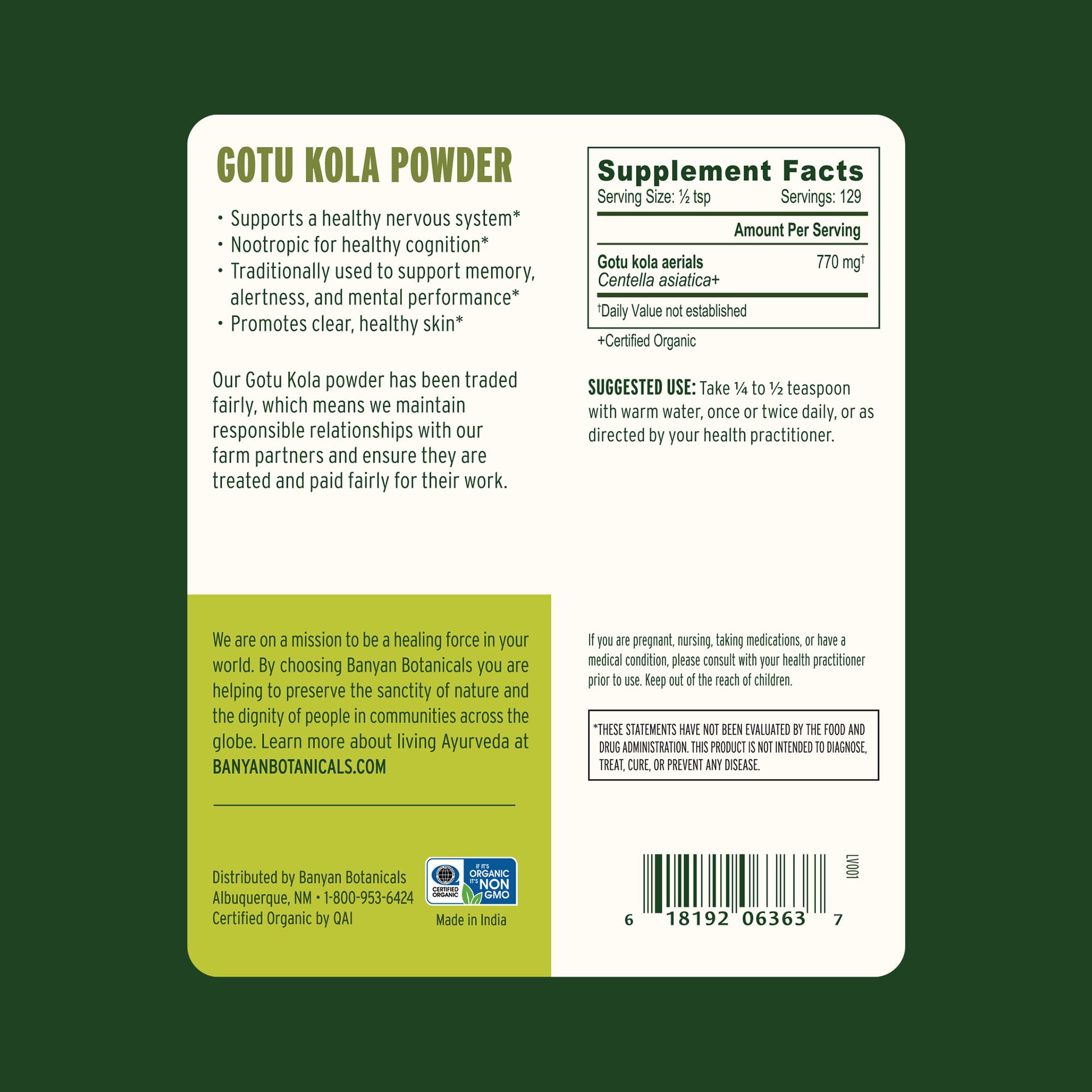 Packaging label for Banyan Botanicals Gotu Kola Powder