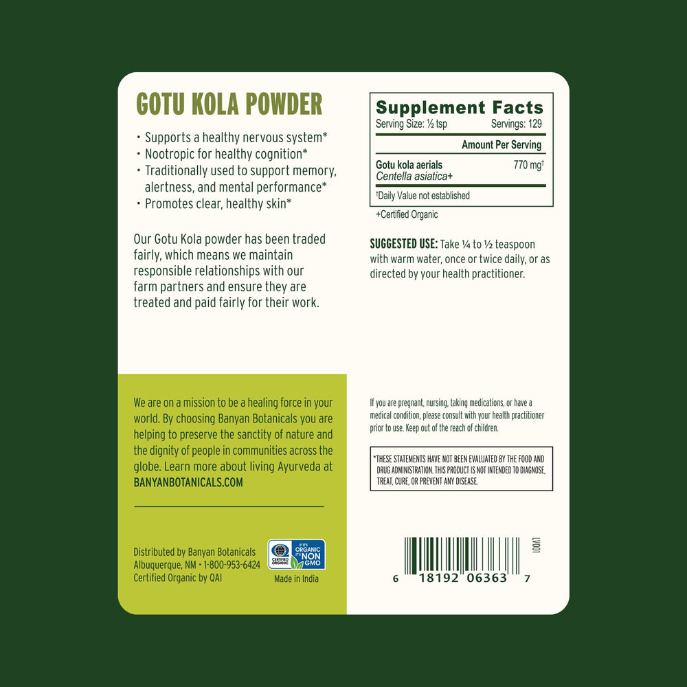 Packaging label for Banyan Botanicals Gotu Kola Powder