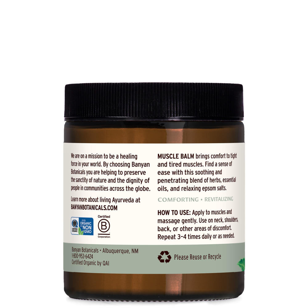 Back view of Banyan Botanicals Muscle Balm 4oz label